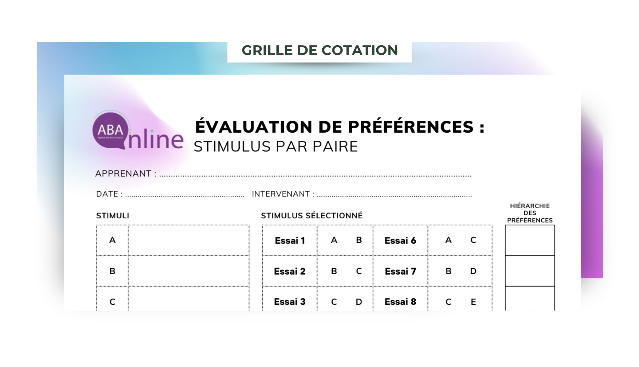 Grille de cotation : Évaluation de préférences stimulus par paire